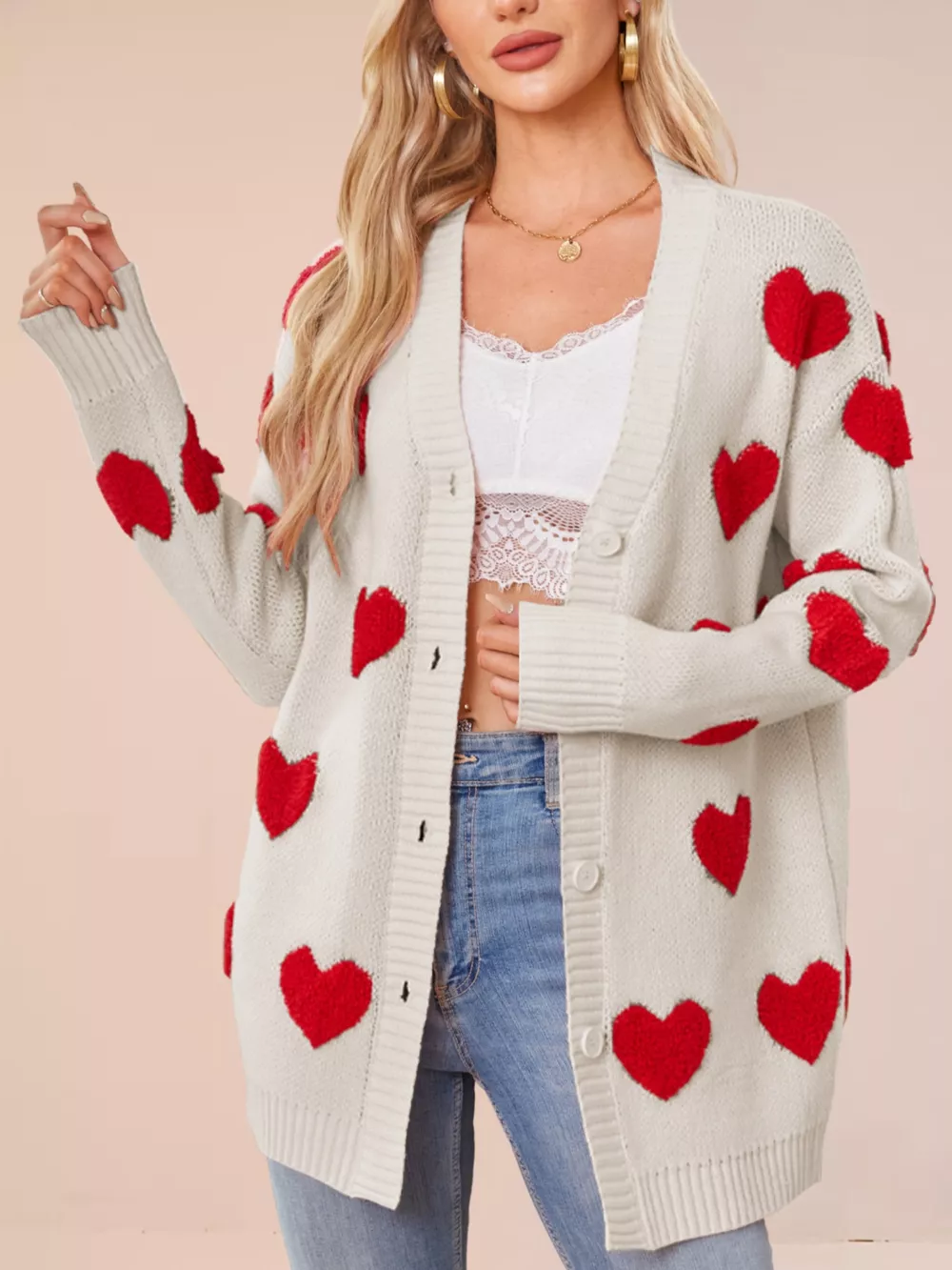 Heart Pattern Knit Button-Up Cardigan, image 12