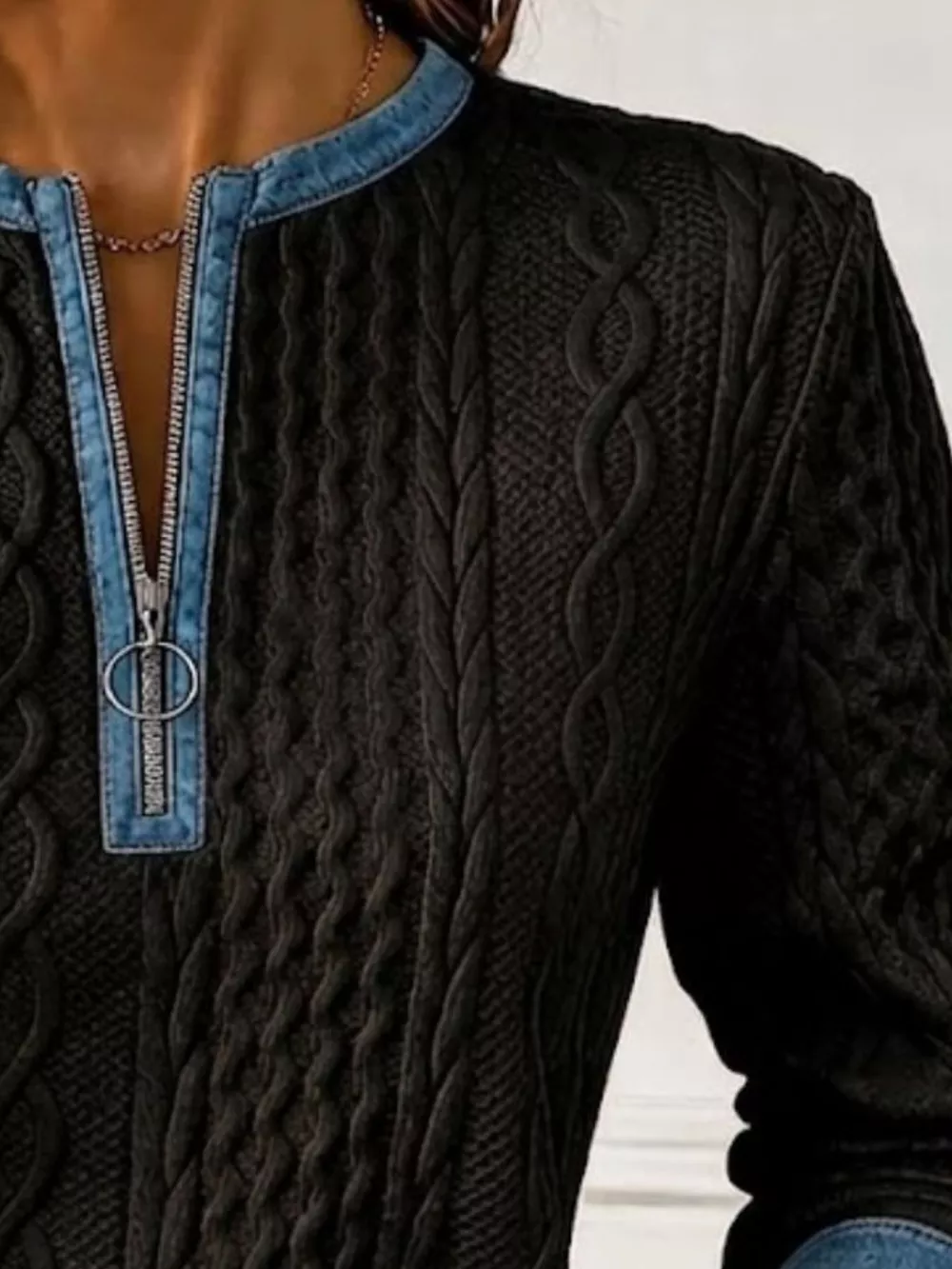 Full Size Denim Contrast Trim Quarter Zip Texture Sweatshirt Plus Size, image 2