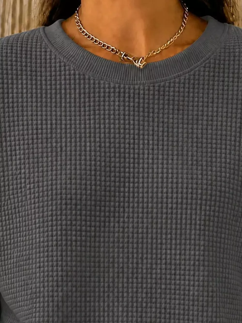 Full Size Waffle Knit Crewneck Sweatshirt Plus Size, image 20