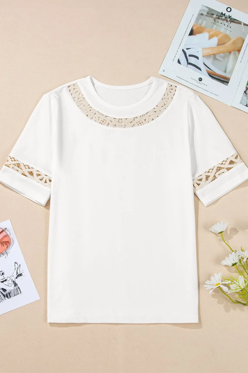 Lace Crochet Crew Neck Casual T Shirt, image 6