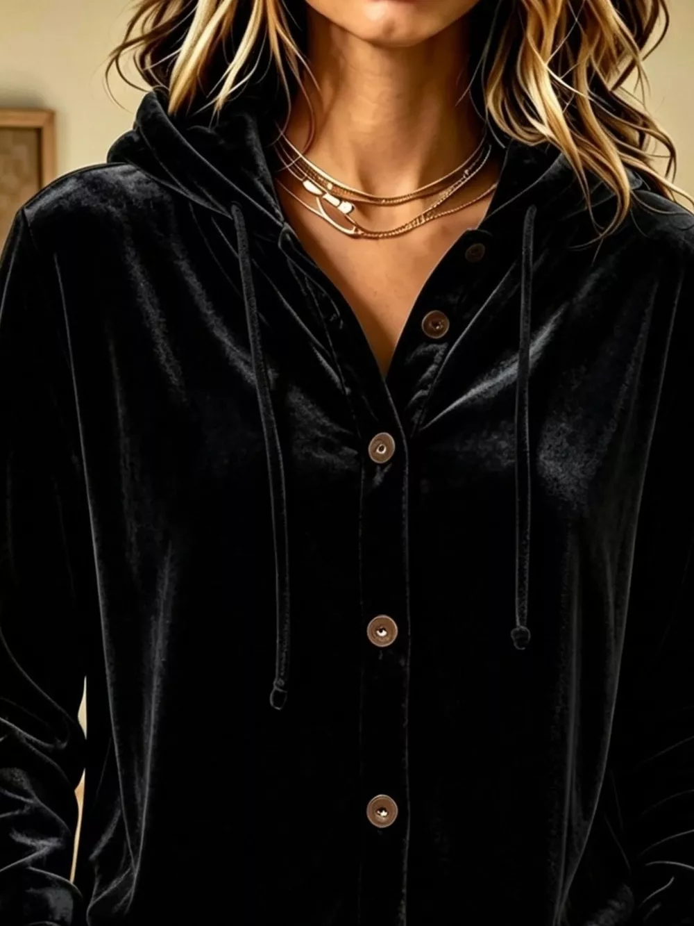 Full Size Velvet Button-Down Hooded Top Plus Size, image 5