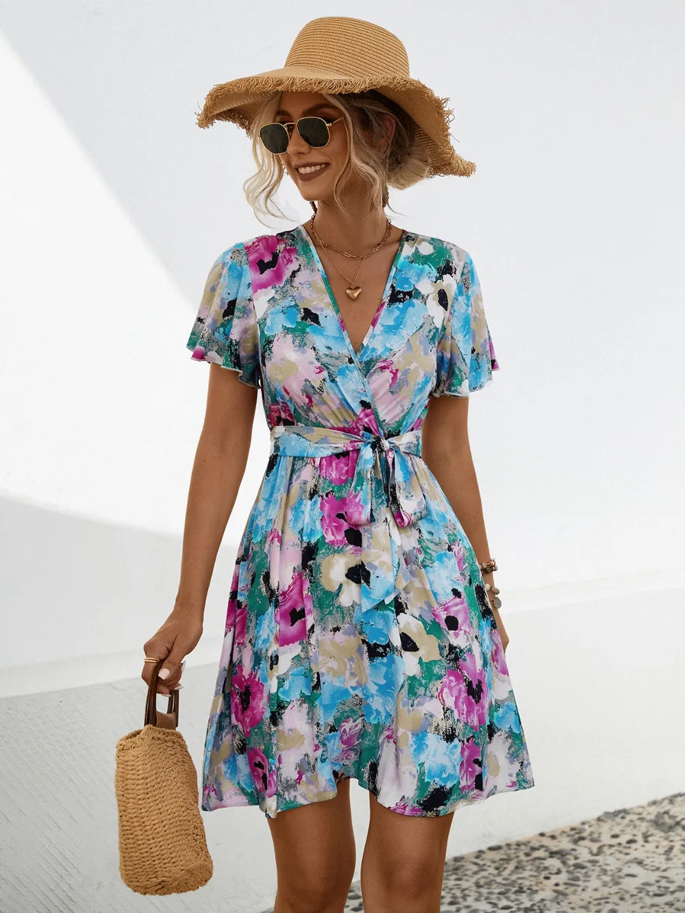 Printed Surplice Tie Waist Mini Dress, image 7