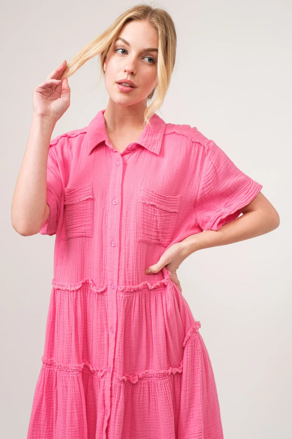 Full Size Raw Edge Washed Tiered Shirt Dress, image 4