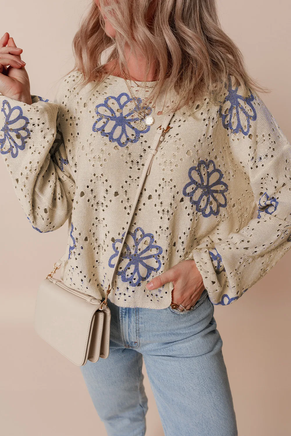 Openwork Round Neck Long Sleeve Knit Top, image 5