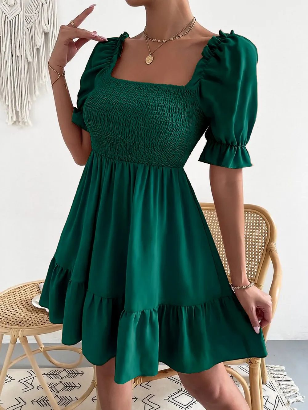 Smocked Square Neck Short Sleeve Dress, image 4
