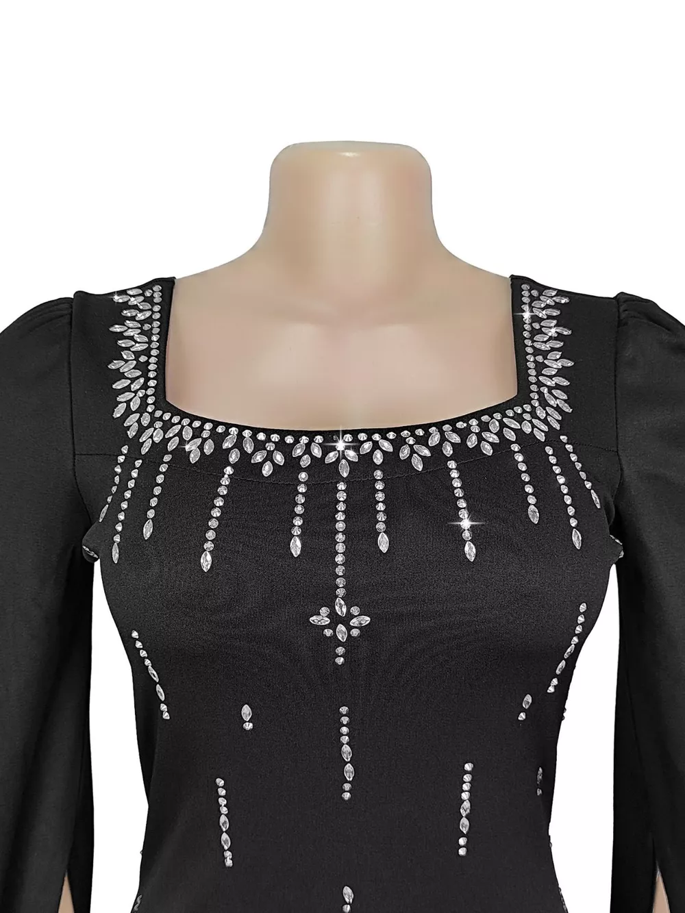 Rhinestone Square Neck Slit Sleeve Maxi Dress, image 7