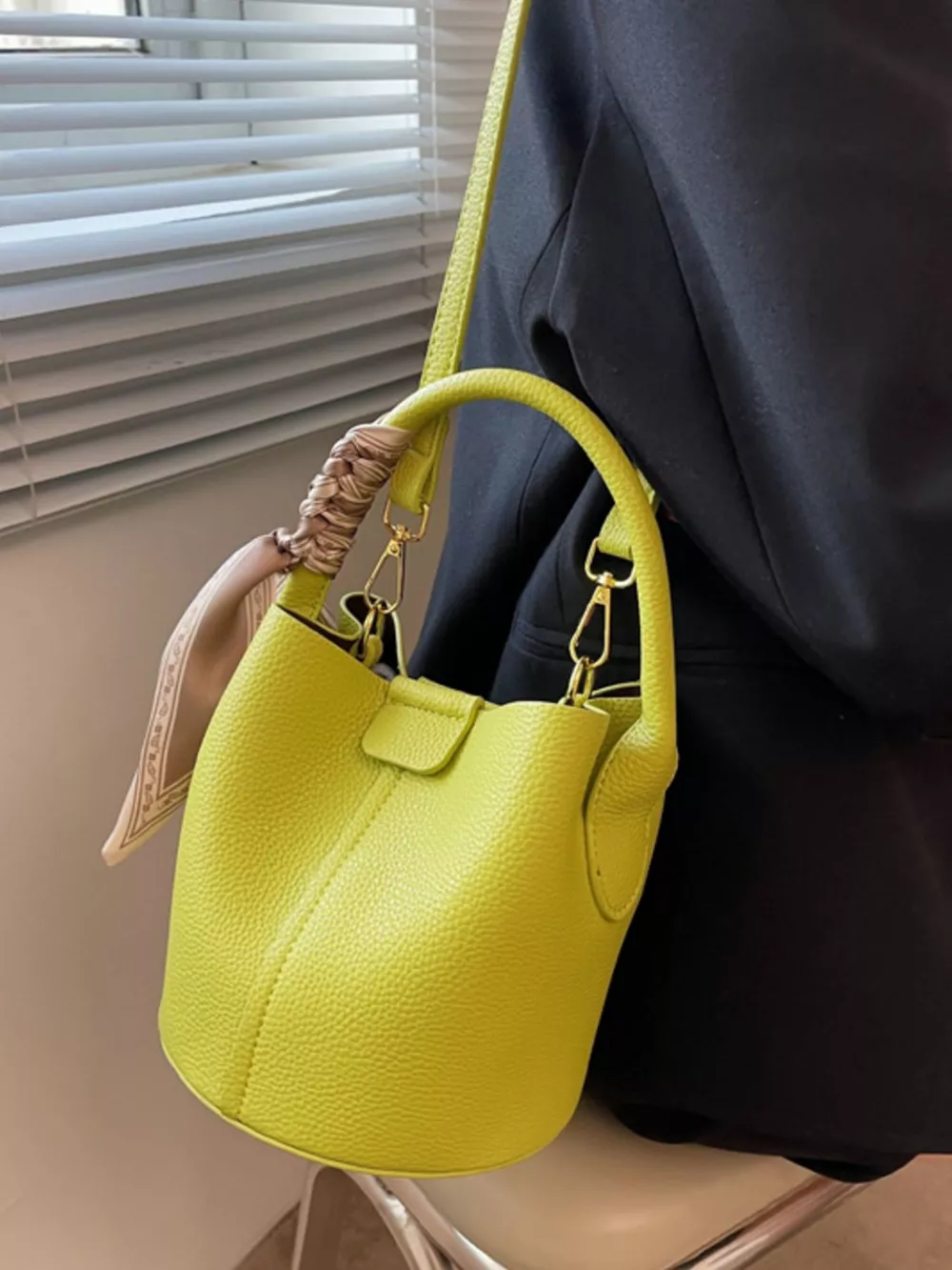 Leather Bucket Crossbody Bag, image 3