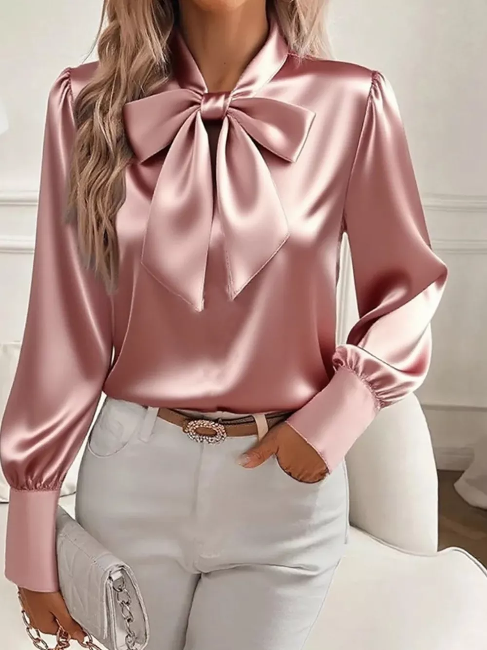 Satin Bow Tie Long Sleeve Top, image 3