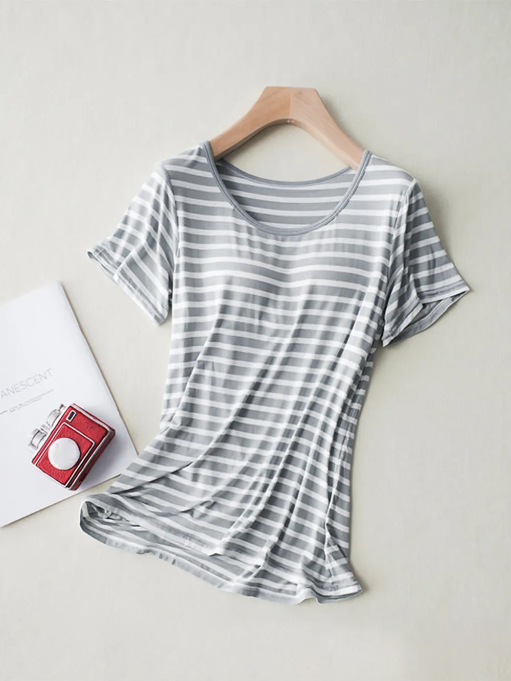 Striped Round Neck Short Sleeve T-Shirt with Bra, image 7
