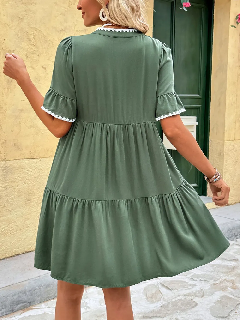 Lace Detail Notched Flounce Sleeve Mini Dress, image 5
