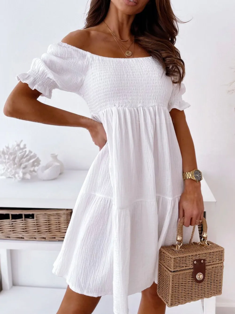 Smocked Off-Shoulder Mini Dress, image 5
