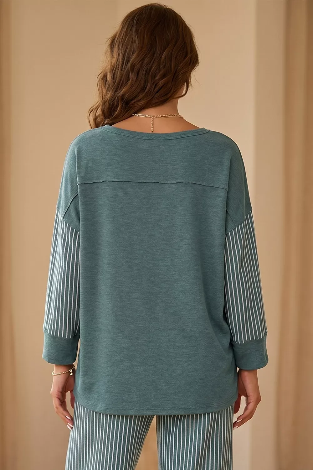 Raw Seam Patchwork Long Sleeve Top Pocket Casual Pants 2pcs Set, image 3