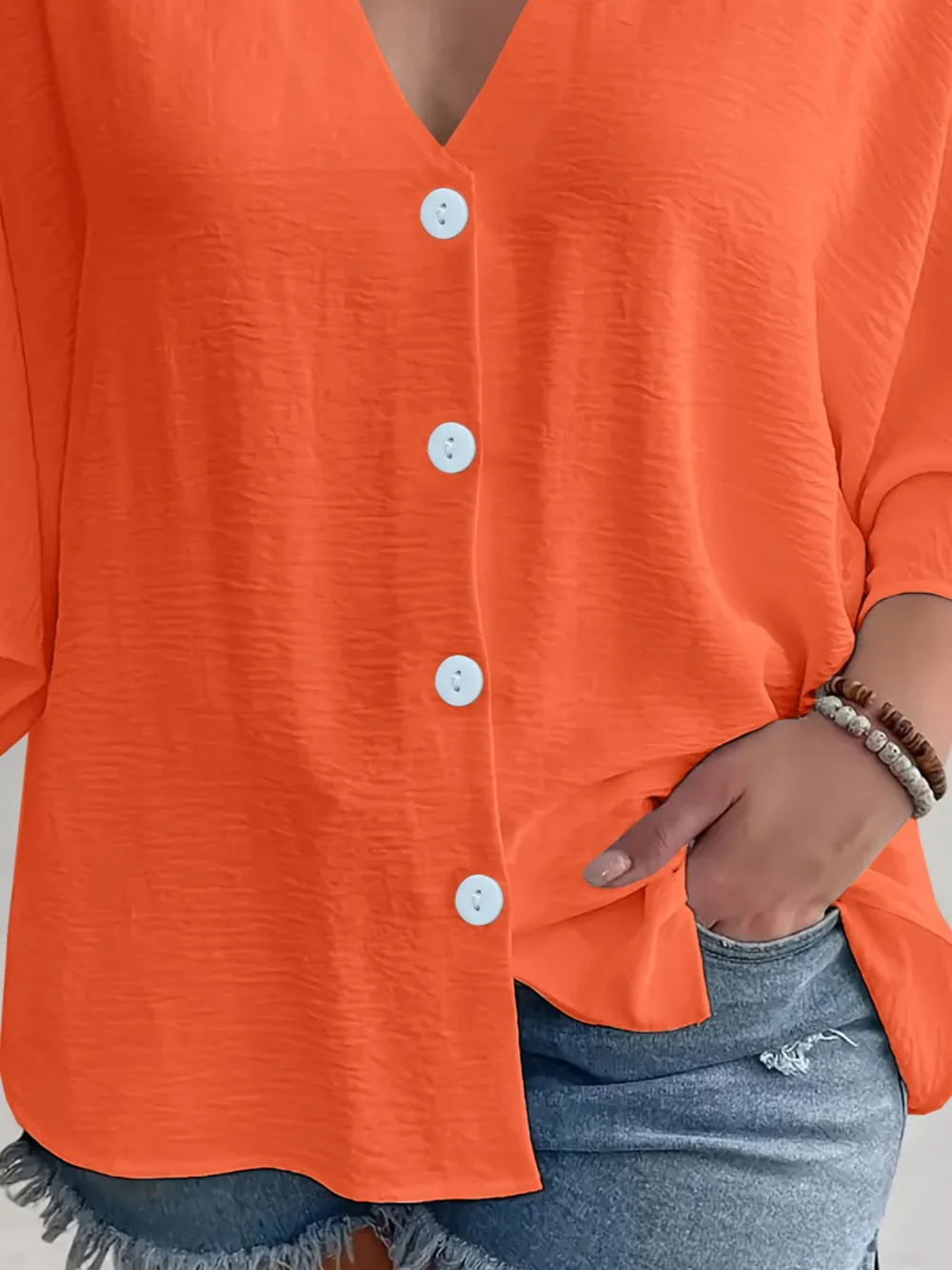 Full Size Casual V-Neck Button Down Relaxed Fit Blouse Plus Size, image 7