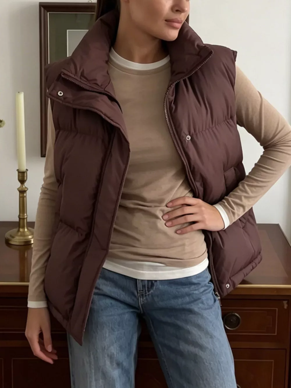 Snap-Button Placket Quilted Puffer Vest Coat, image 11