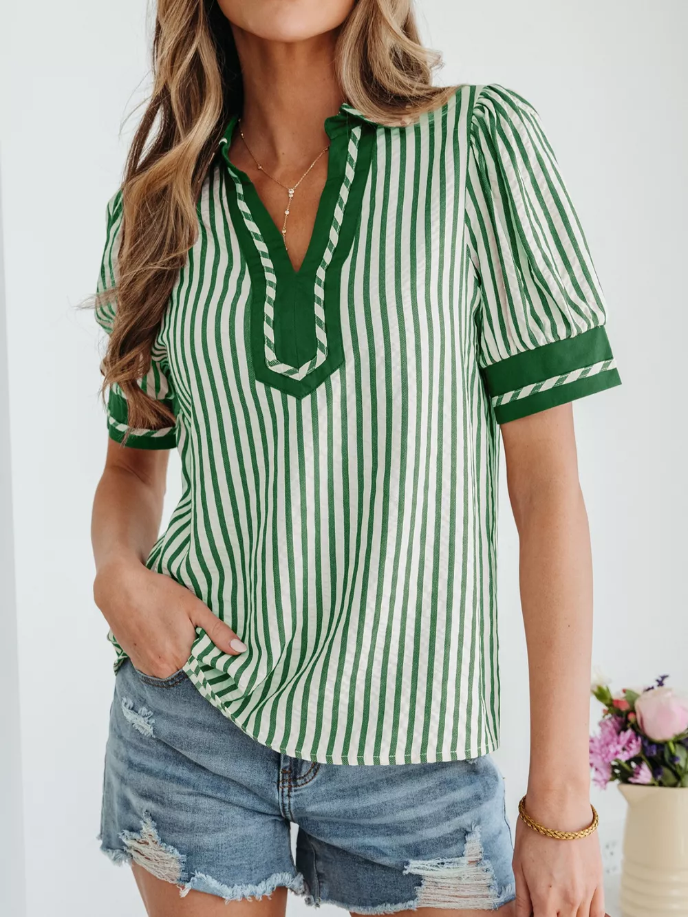 Stripe Collared Split Neck Short Bubble Sleeve Blouse, image 2