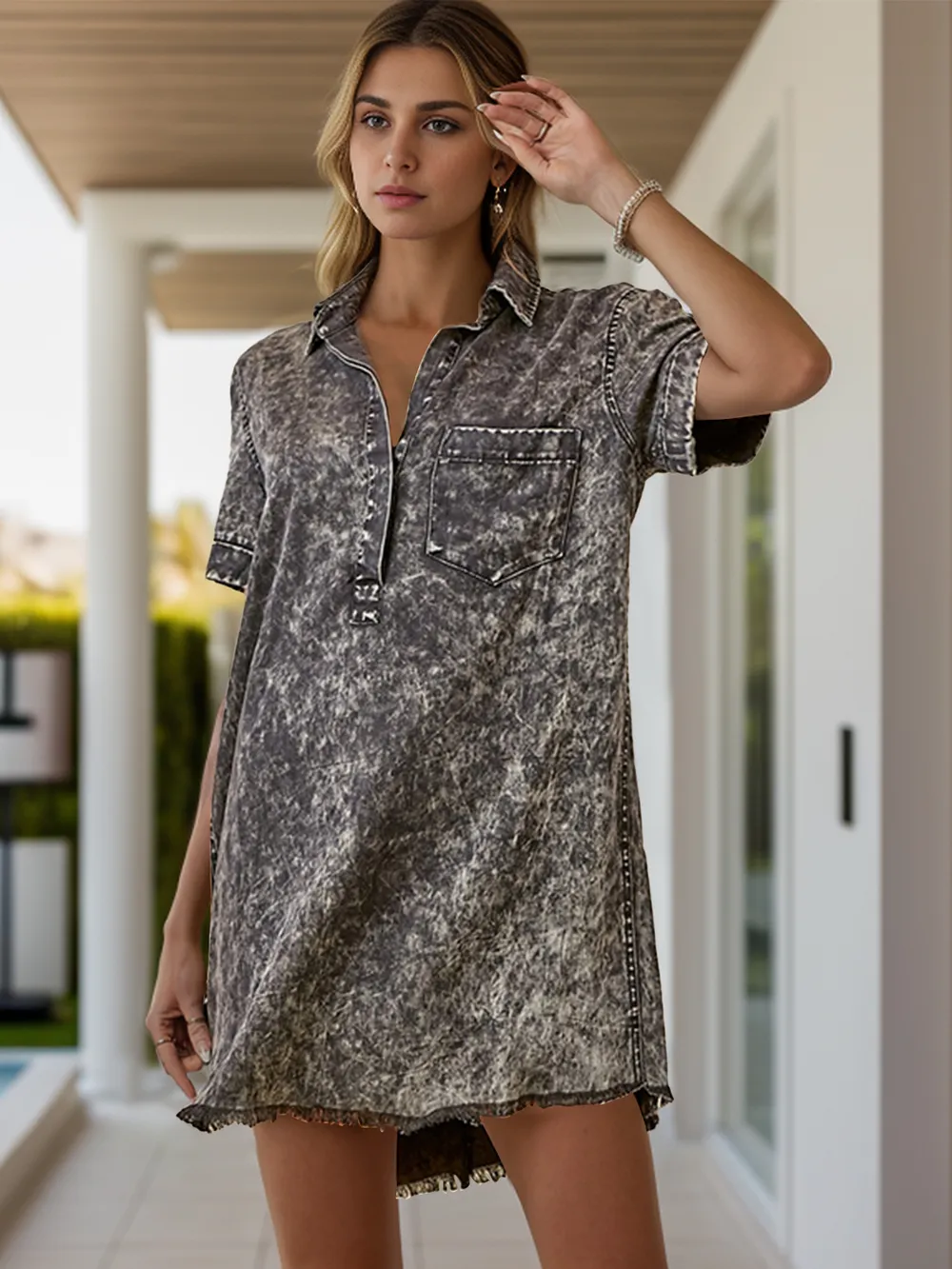 Pocketed Collared Neck Short Sleeve Denim Dress, image 2