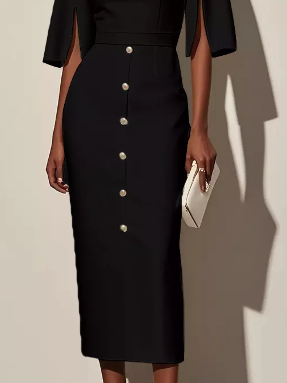 Slit Sleeve Midi Dress with Decorative Button, image 2