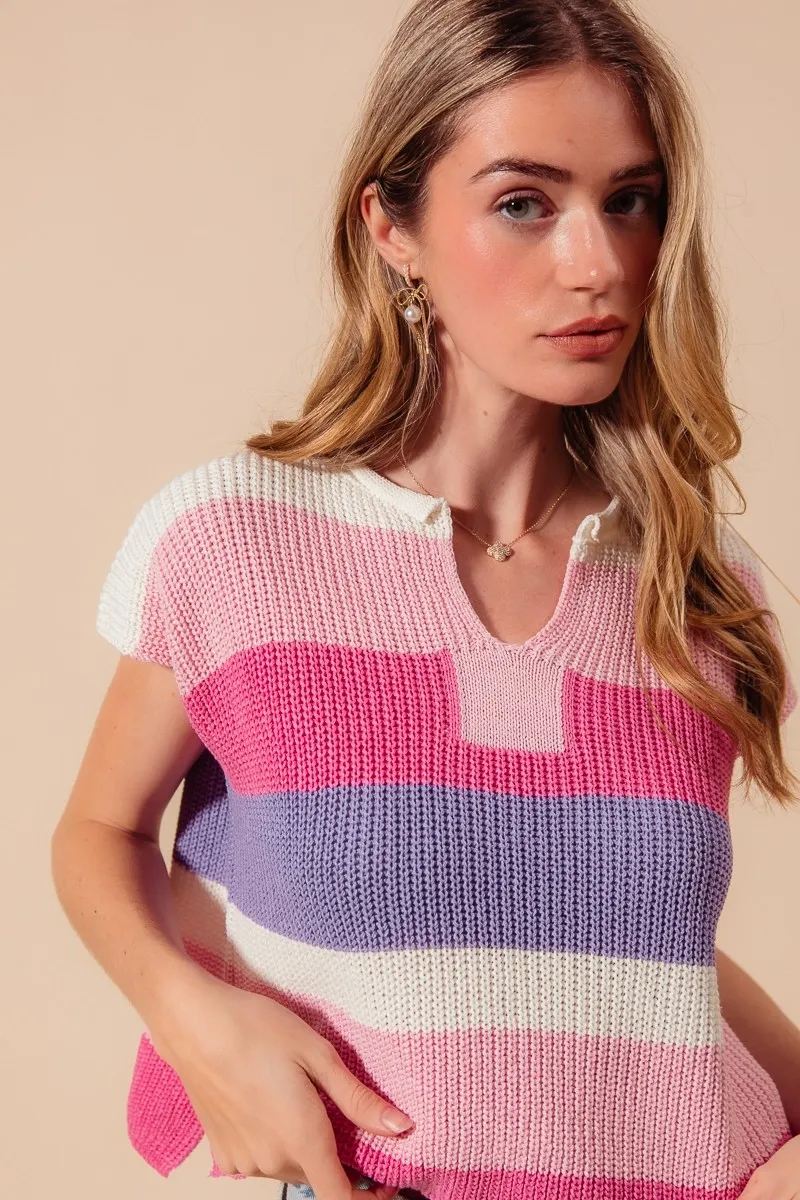 Multi Color Stripe Loose Fit Cap Sleeve Sweater Top, image 2