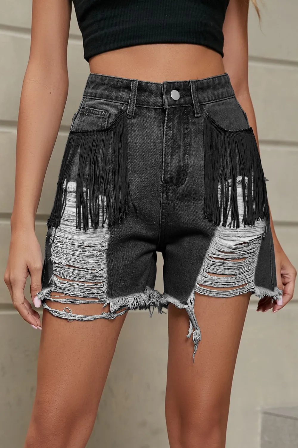Distressed Fringe Denim Shorts, image 8