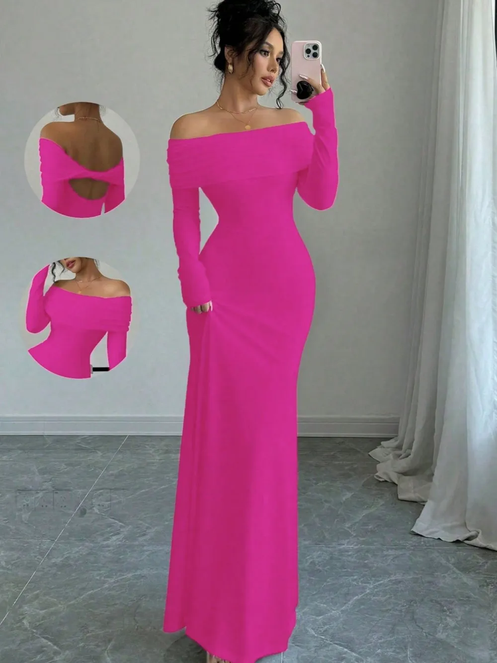 Off-Shoulder Long Sleeve Bodycon Maxi Dress, image 6