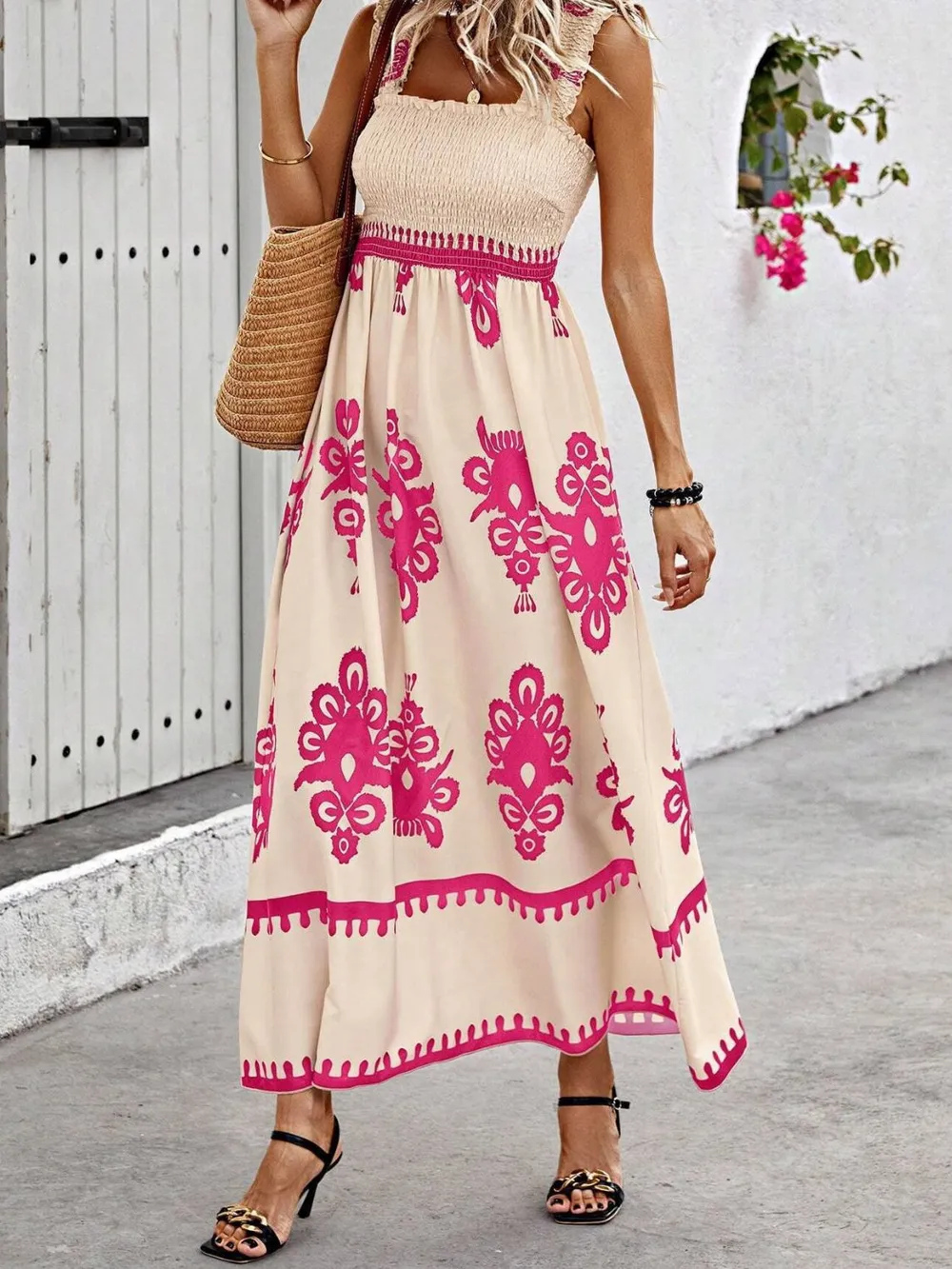 Smocked Printed Wide Strap Maxi Dress, image 11