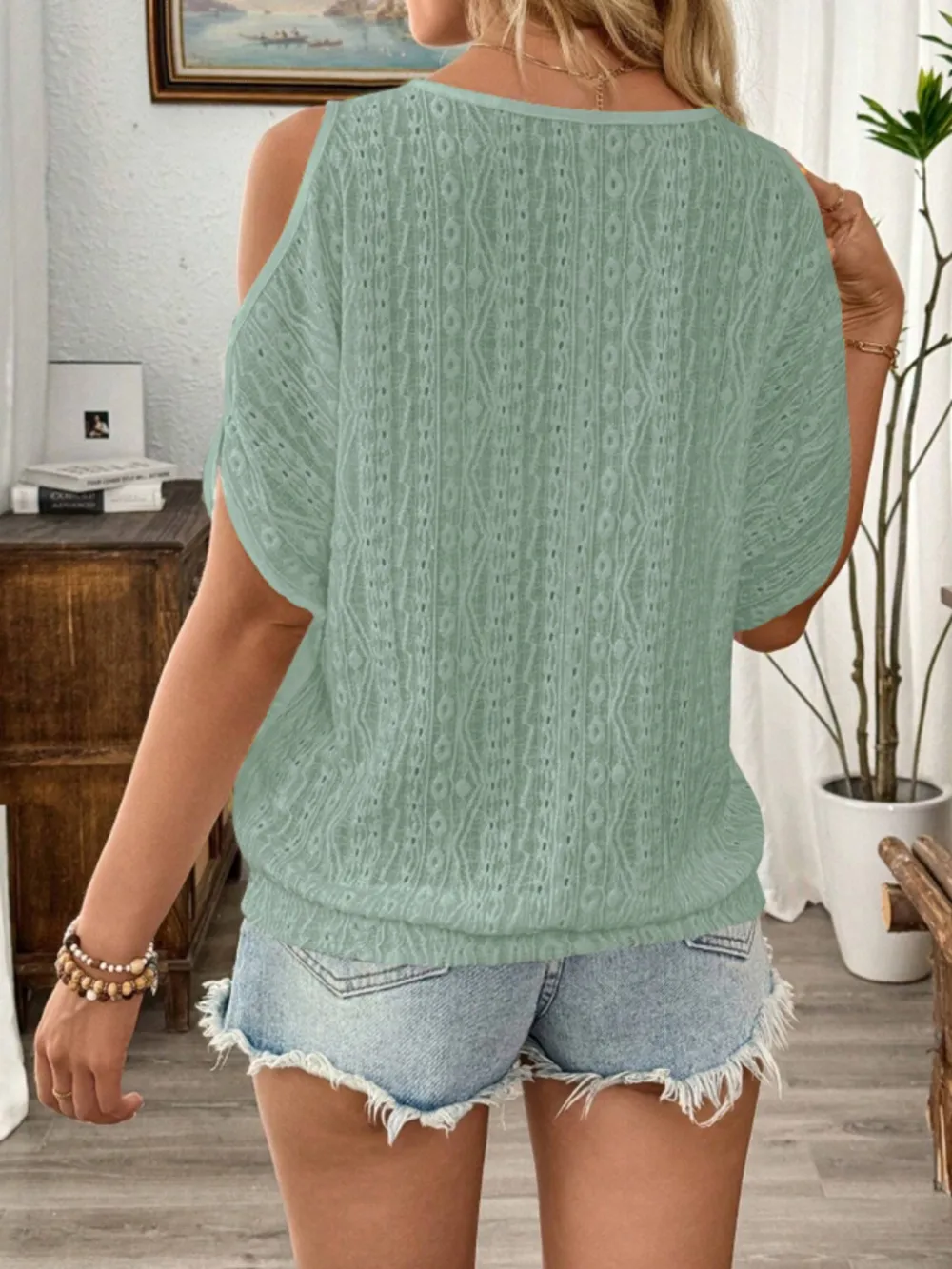 Eyelet Cold Shoulder Round Neck Blouse, image 6