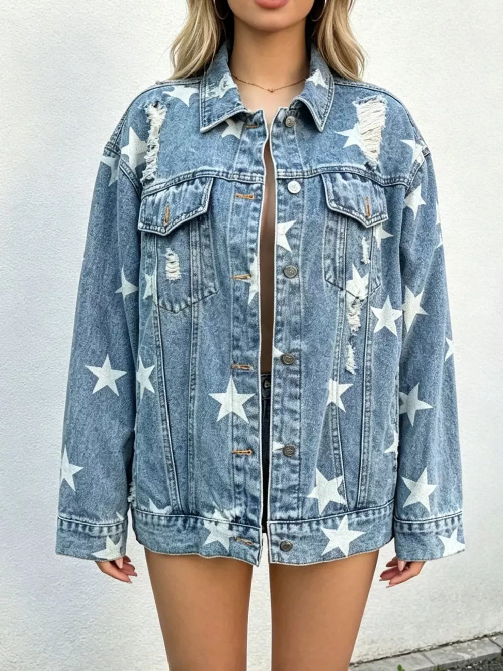 Star Print Distressed Oversized Denim Jacket, image 2