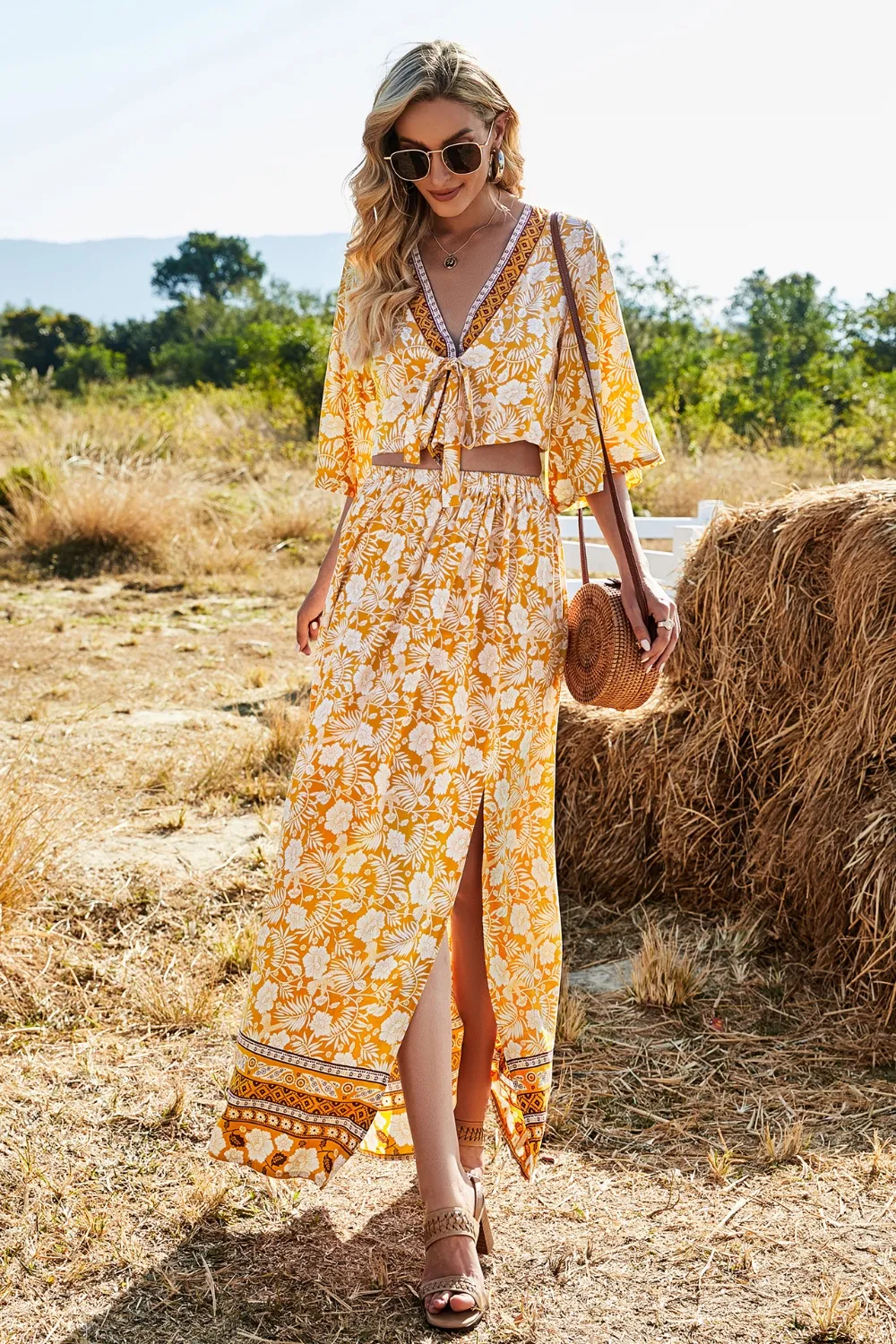 Printed Half Sleeve Top and Slit Skirt Set, image 4