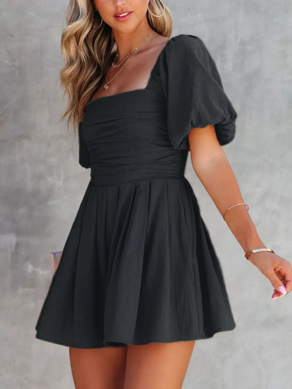 Square Neck Ruched Puff Sleeve Romper, image 5