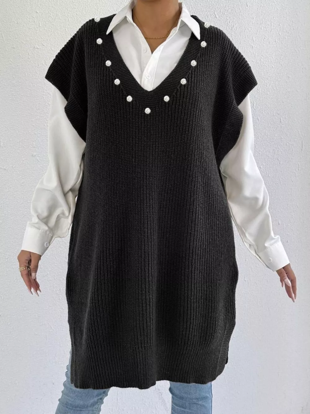 Slit V-Neck Sweater Dress, image 11