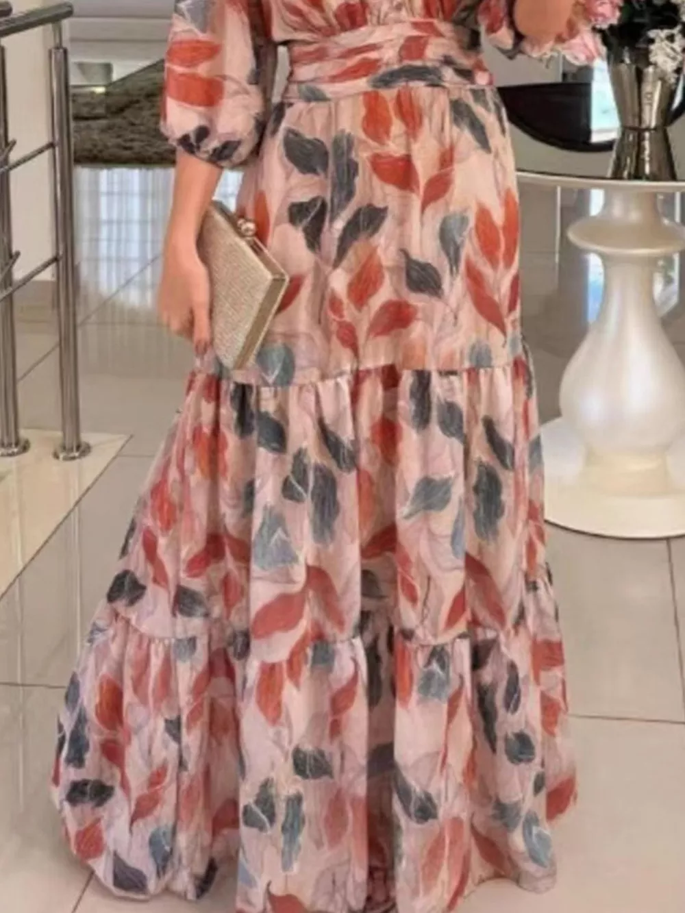 Full Size Printed V-Neck Maxi Dress with Tiered Hemline Plus Size, image 4