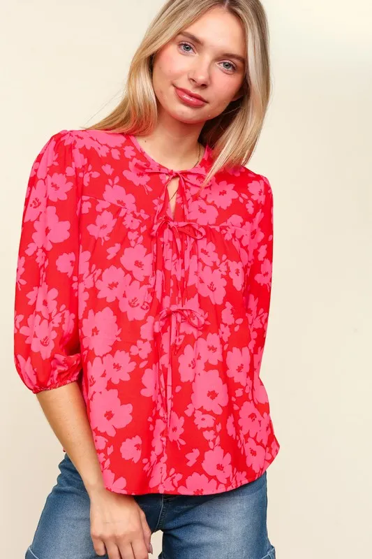 Full Size Ribbon Bow Floral Balloon Sleeve Blouse, image 7