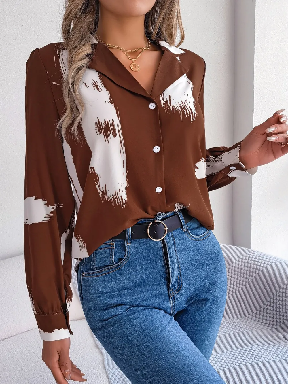 Printed Collared Neck Button Up Shirt, image 6