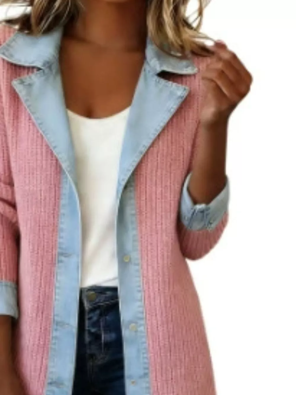 Full Size Denim Trim Ribbed Knit Jacket Plus Size, image 14