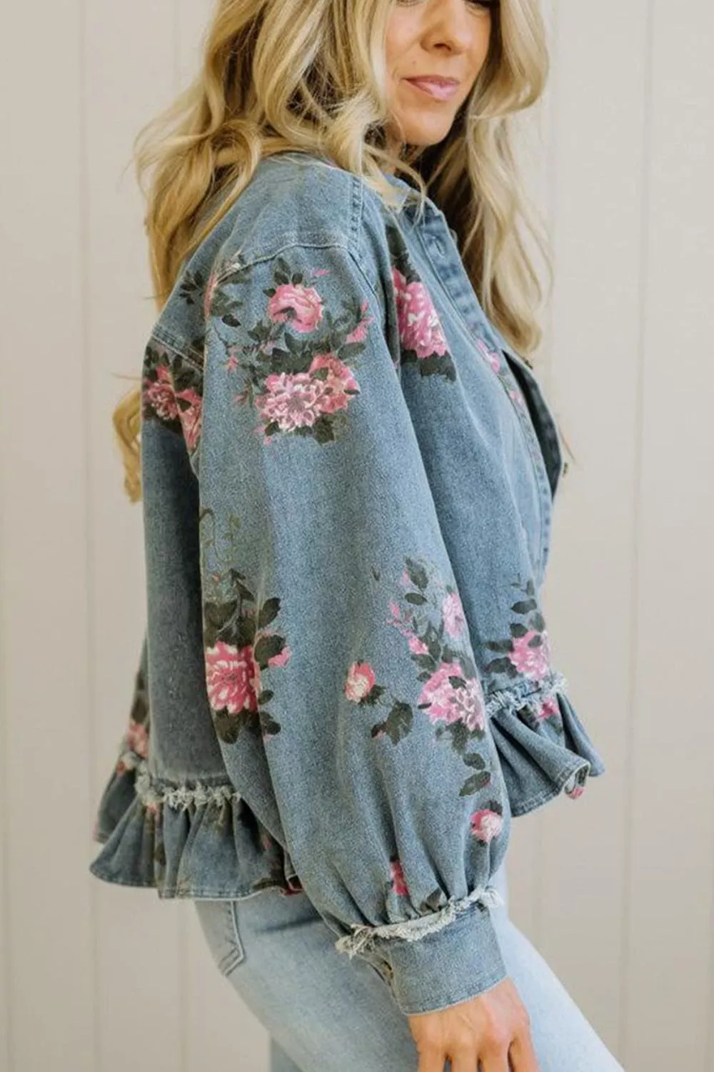 Floral Print Denim Jacket with Ruffled Hem, image 3
