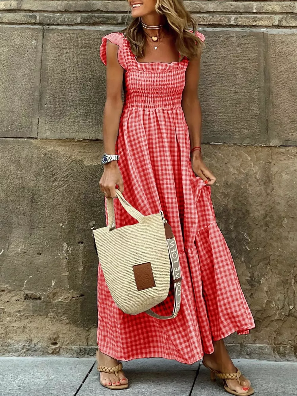 Plaid Ruffle Sleeve Maxi Dress, image 4