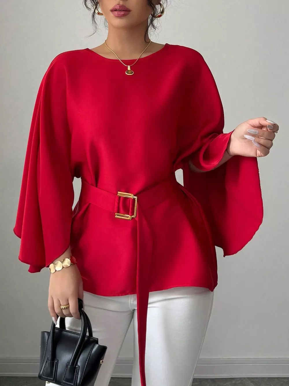 Round Neck Belt Batwing Sleeve Blouse, image 5