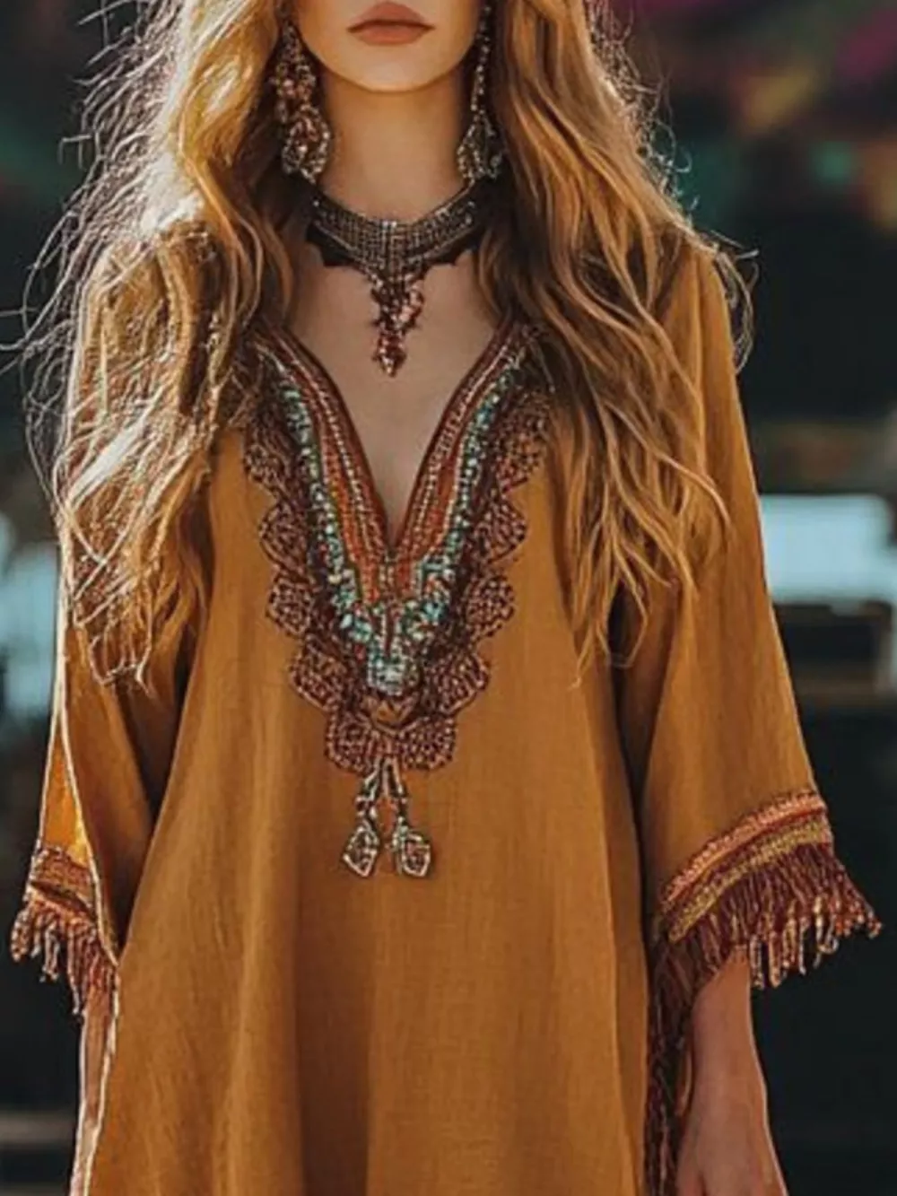 Fringe Hem 3/4 Sleeve Mini Dress, image 2
