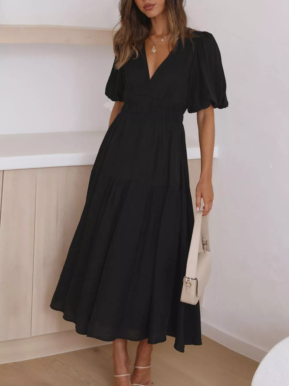 Elegant Puff Sleeve V-Neck Midi Dress, image 8