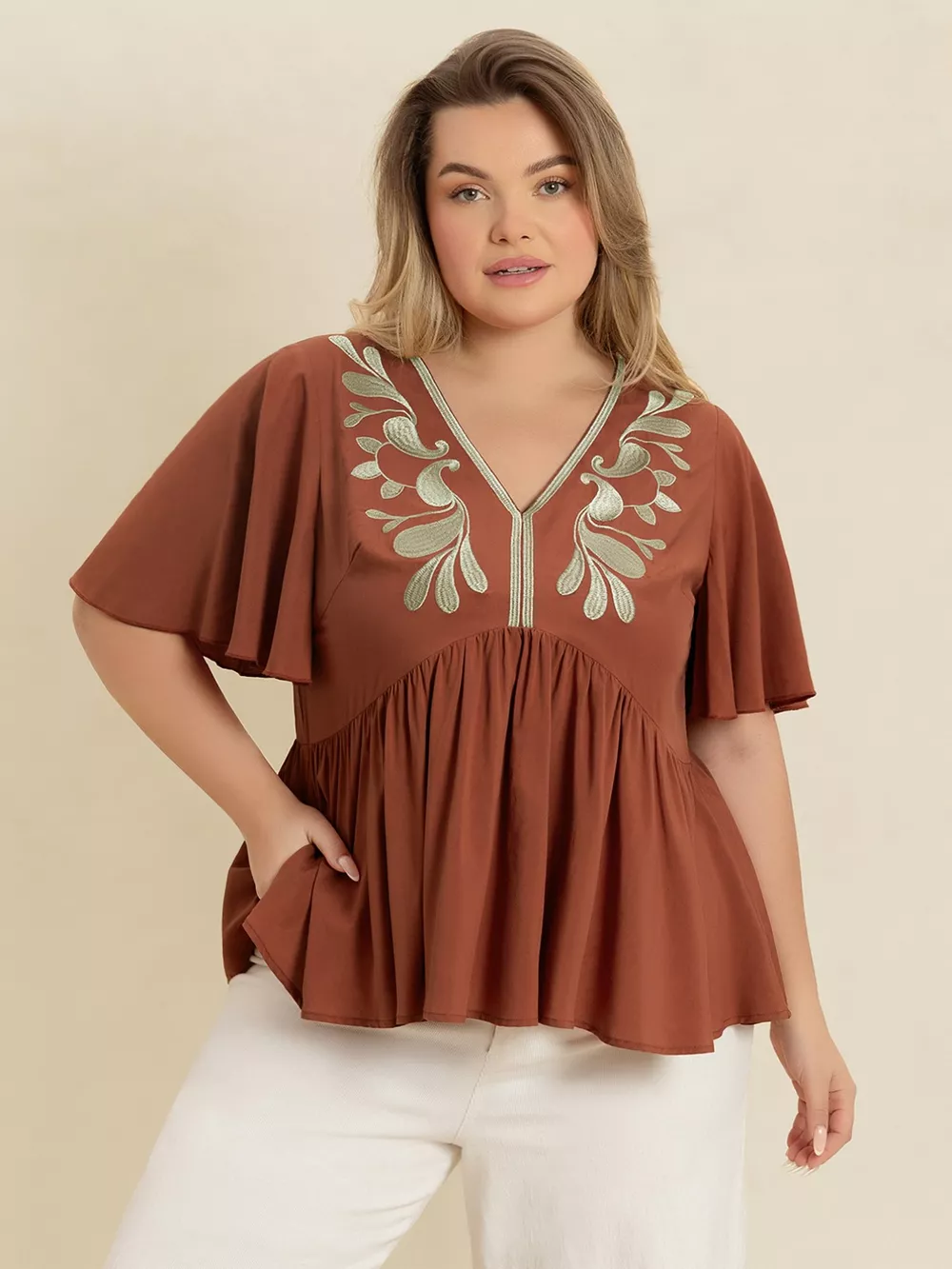 Plus Size Embroidered V-Neck Flutter Sleeve Blouse, image 5