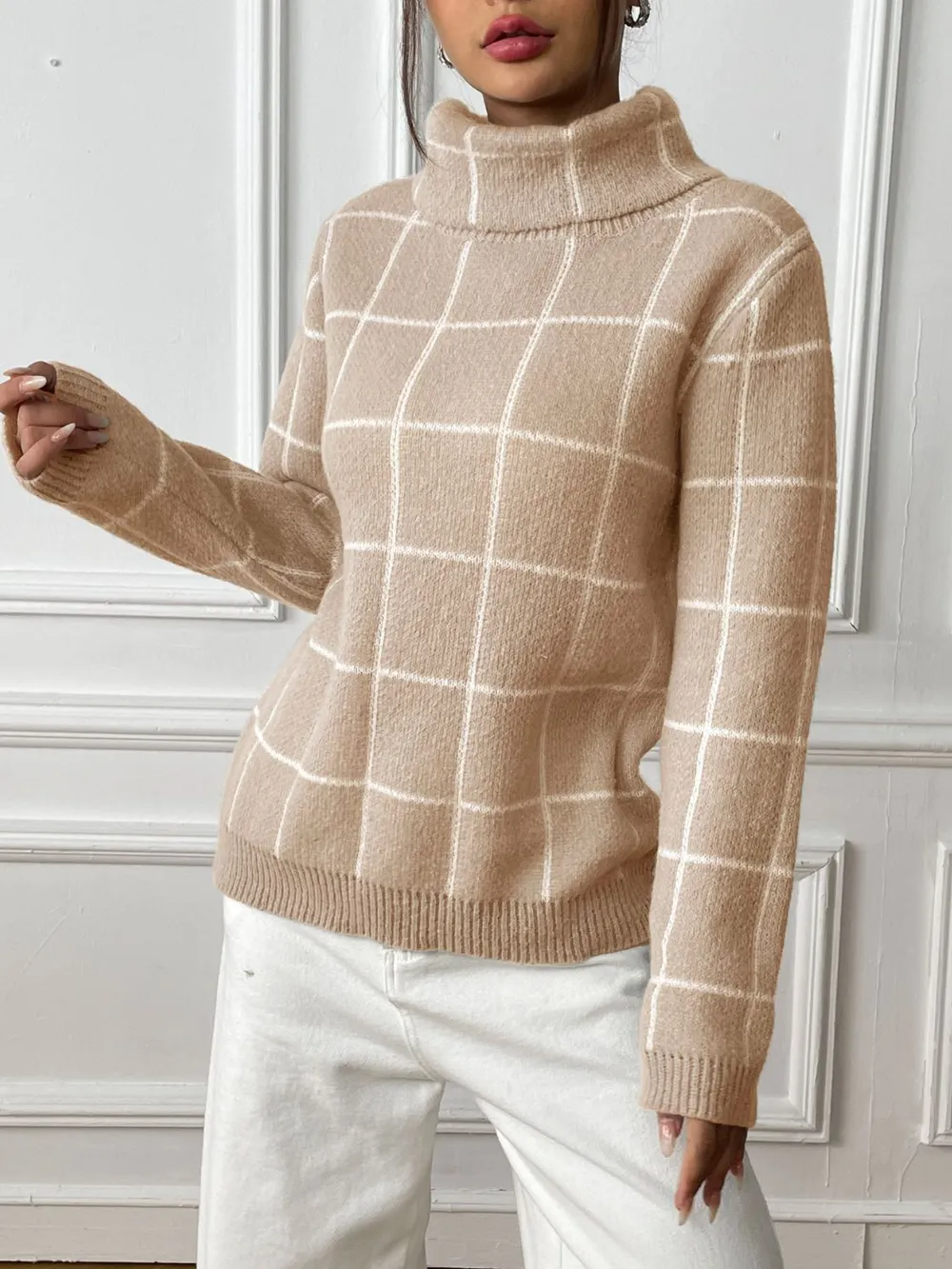 Plaid Turtleneck Long Sleeve Sweater, image 4