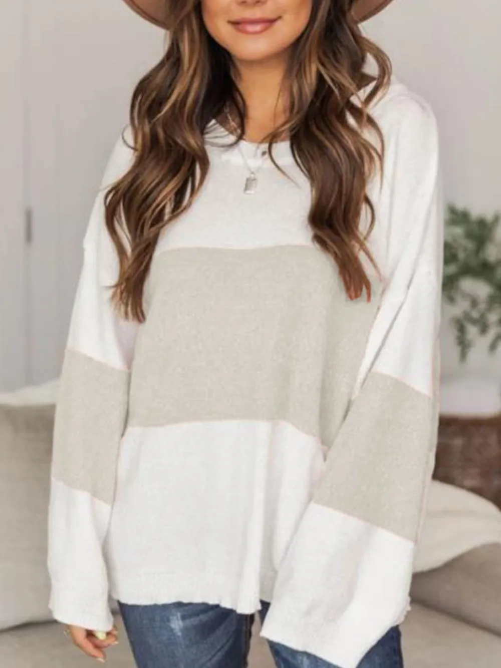 Color Block Round Neck Long Sleeve Sweater, image 4