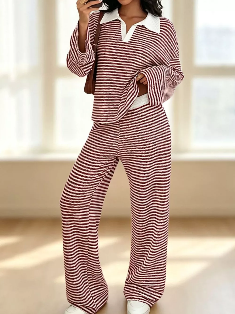 Striped Long Sleeve Polo and Wide-Leg Pants Set, image 2