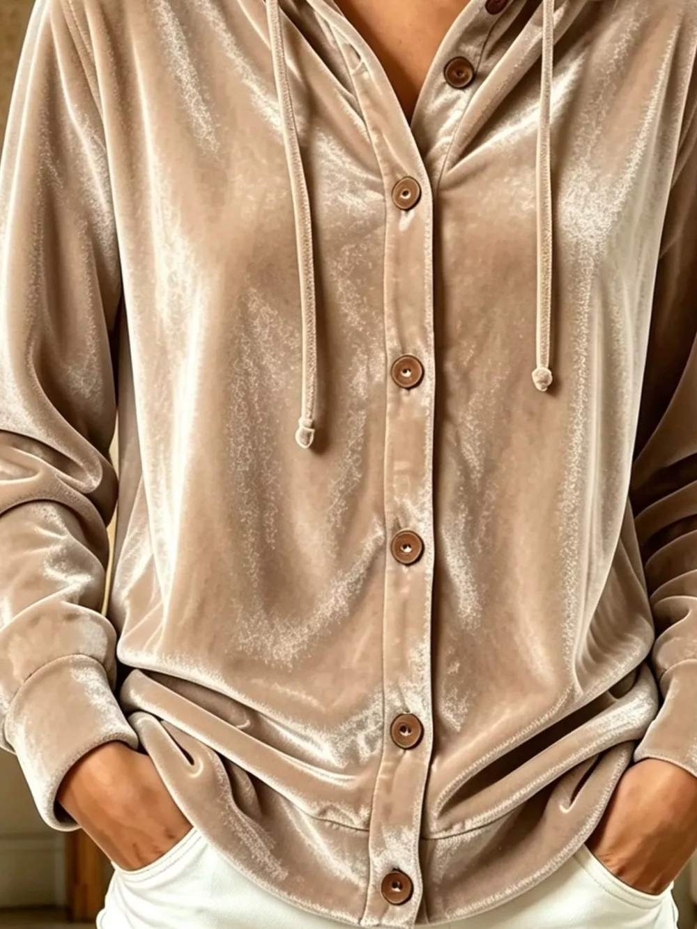 Full Size Velvet Button-Down Hooded Top Plus Size, image 4