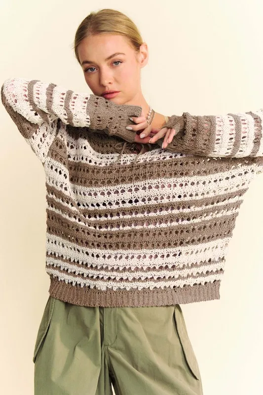 Contrast Striped Crochet Drop Shoulder Knit Cover Up, image 4