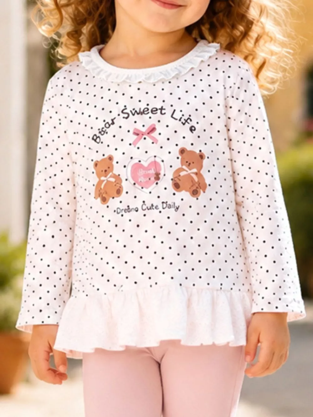 Children's Polka Dot Bear Long-Sleeve Top and Leggings Set, image 2