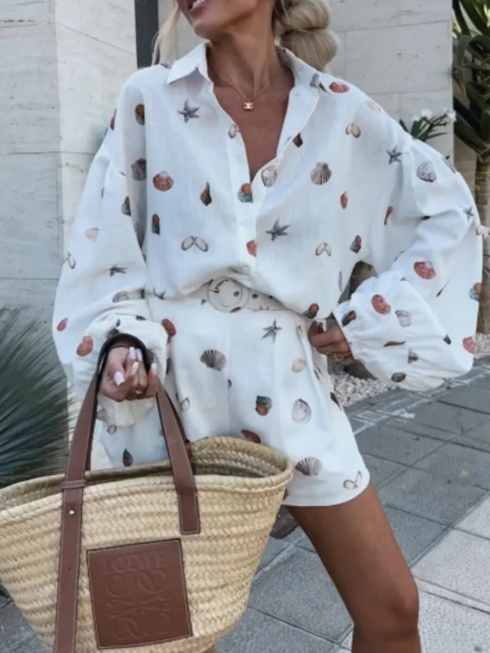 Shell Print Long Sleeve Shirt and Belt Shorts Set, image 3