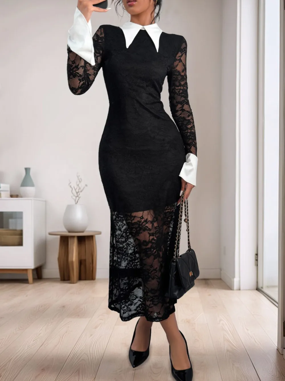 Lace Contrast Collared Neck Long Sleeve Midi Dress, image 3