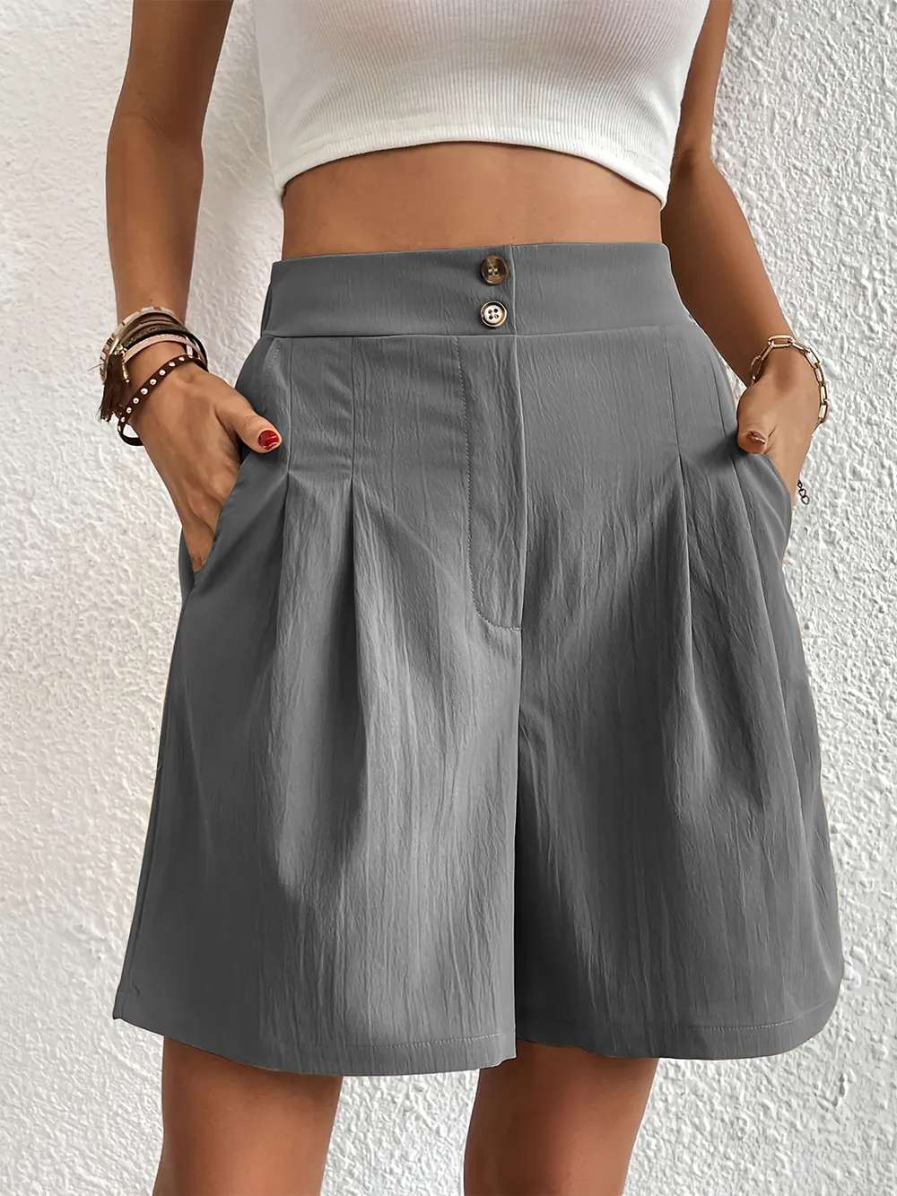 Pocketed Half Elastic Waist Shorts, image 17