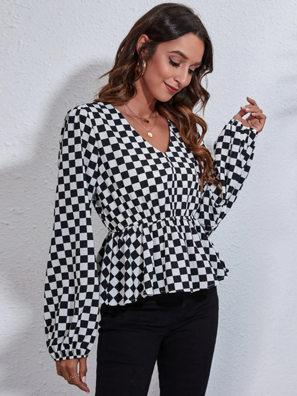 Ruched Printed V-Neck Long Sleeve Blouse, image 6